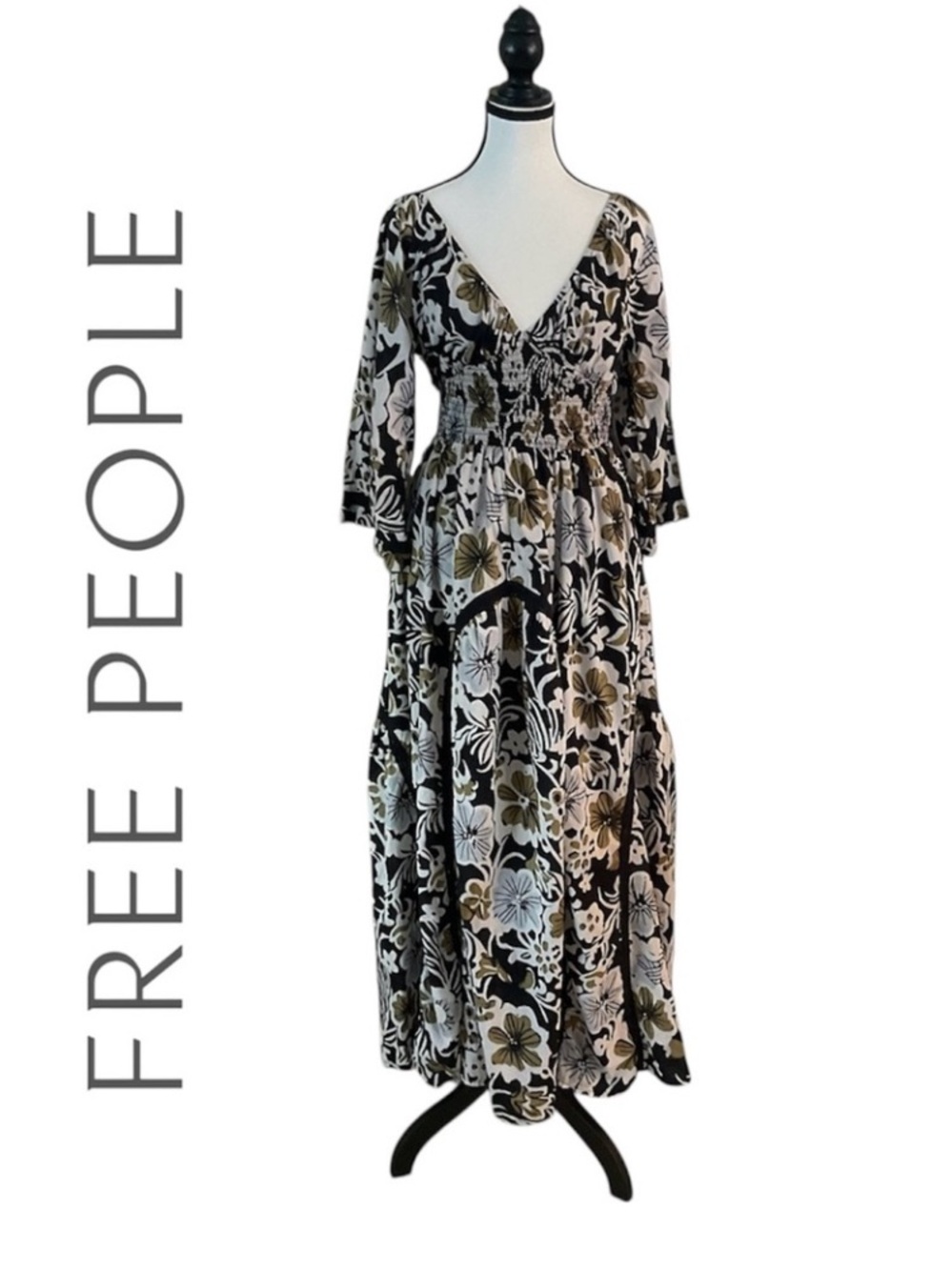 Free People Dixie Black and Gold Floral Maxi Dress Size Medium NWT